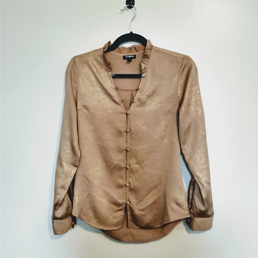 Express gold shimmery long sleeve blouse with ruffle neckline.  Button up front
